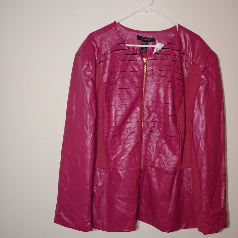 Ashley Stewart Mixed Media Faux Leather Full Zip Peplum Jacket Sz 30/32 Fuchsia